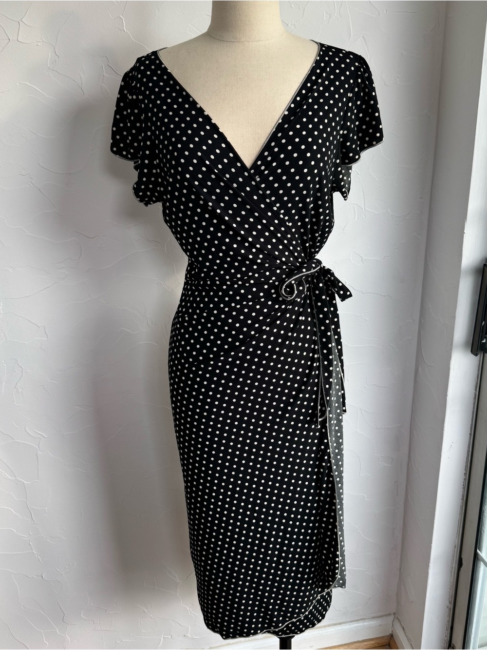 Vintage 90s Black White Polka Dot Wrap Tie Dress M